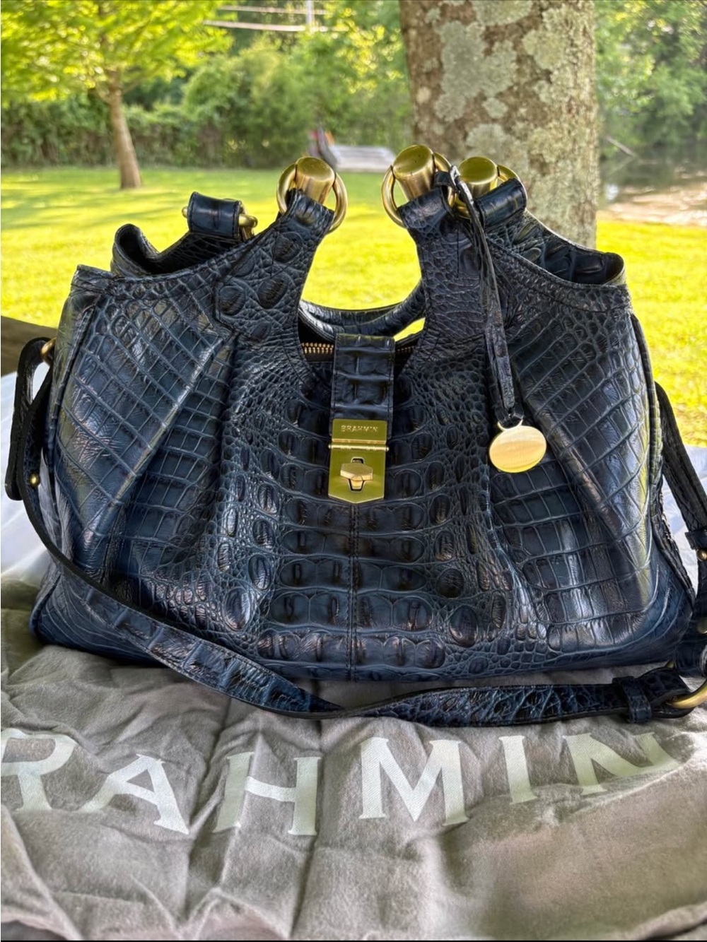 Brahmin Navy Croc-Embossed Shoulder Hobo with Gold Hardware